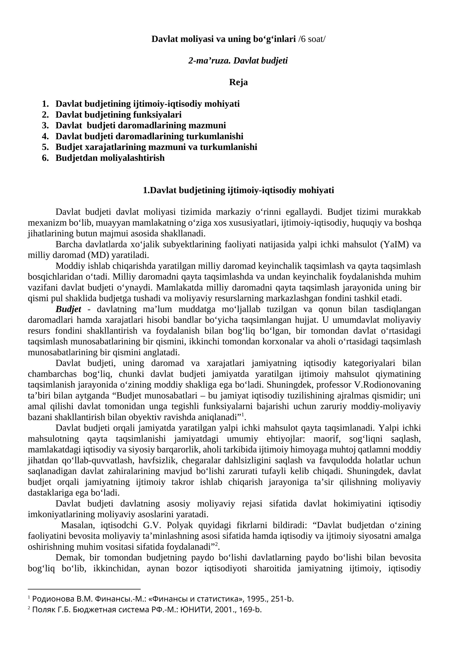 Davlat moliyasi va uning bo‘g‘inlari. Davlat budjeti