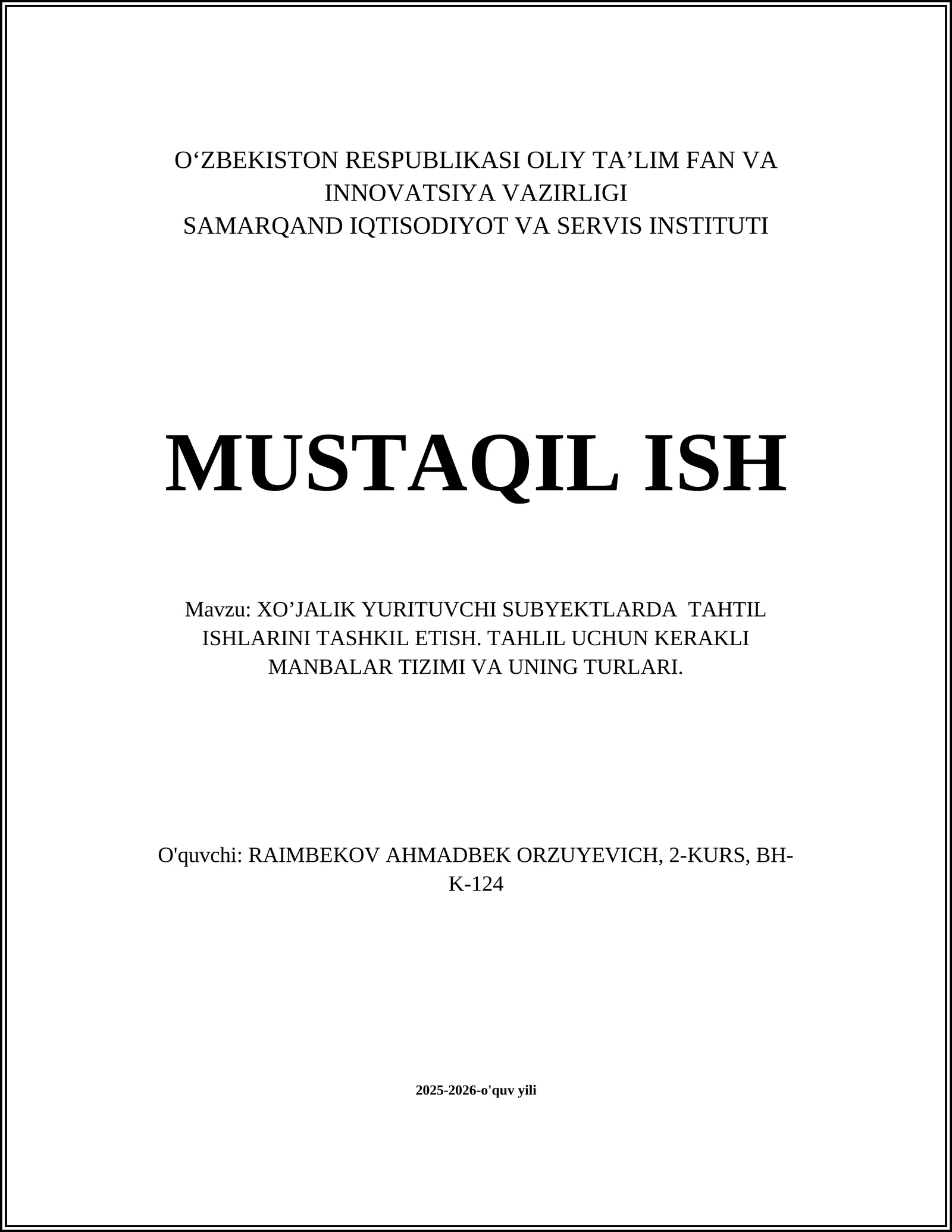 XO’JALIK YURITUVCHI SUBYEKTLARDA TAHTIL ISHLARINI TASHKIL ETISH