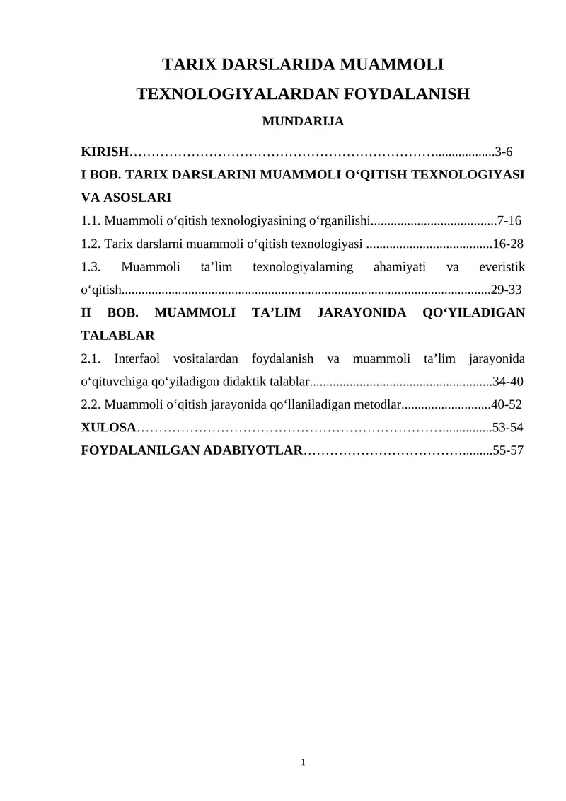 TARIX DARSLARIDA MUAMMOLI TEXNOLOGIYALARDAN FOYDALANISH