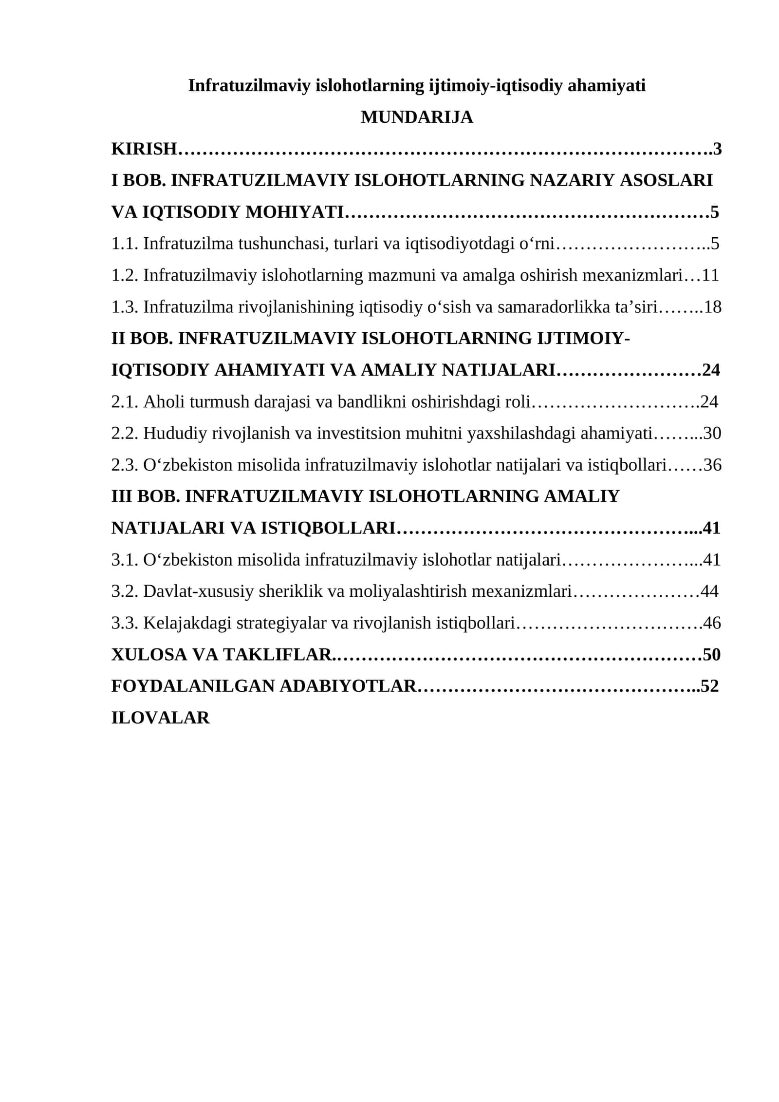 Infratuzilmaviy islohotlarning ijtimoiy-iqtisodiy ahamiyati