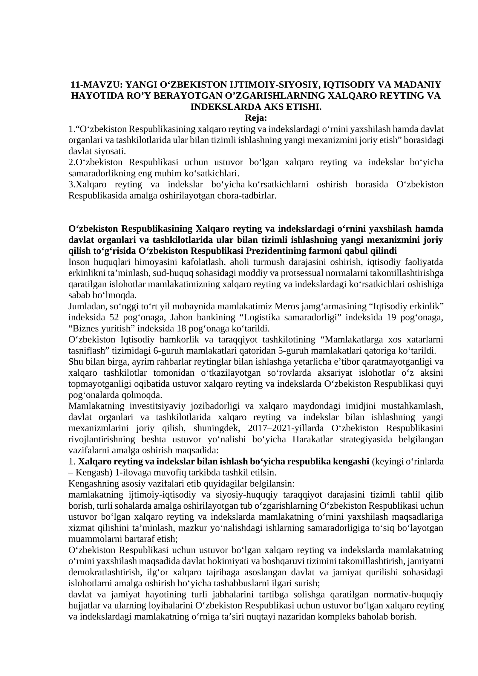 YANGI O‘ZBEKISTON IJTIMOIY-SIYOSIY, IQTISODIY VA MADANIY HAYOTIDA RO’Y BERAYOTGAN O’ZGARISHLARNING XALQARO REYTING VA INDEKSLARDA AKS ETISHI