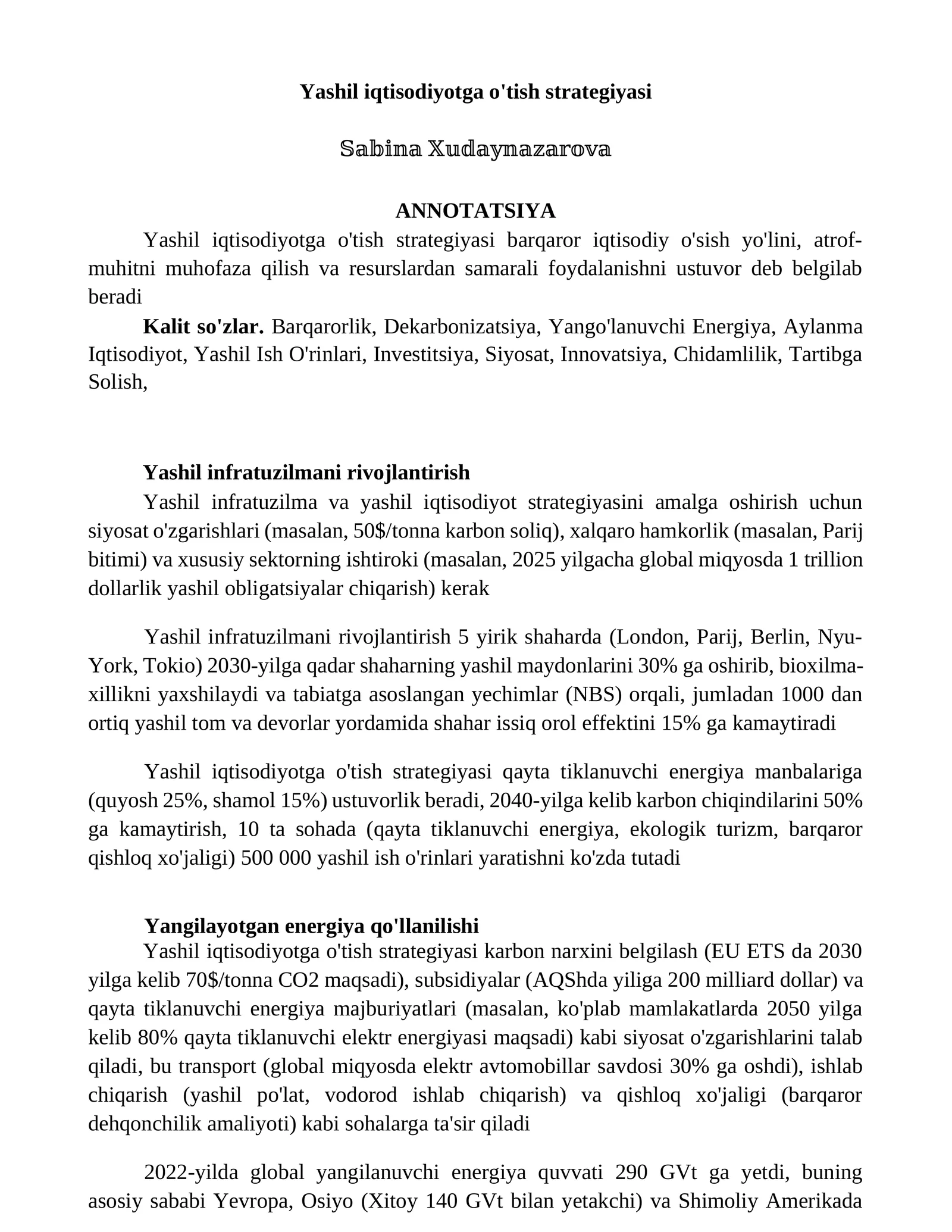 Yashil iqtisodiyotga o'tish strategiyasi