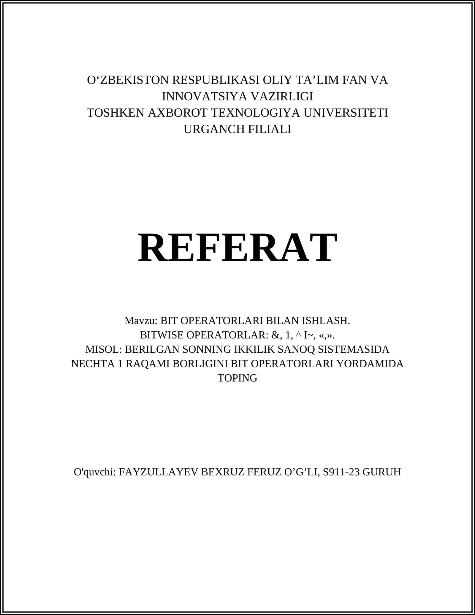BIT OPERATORLARI BILAN ISHLASH
