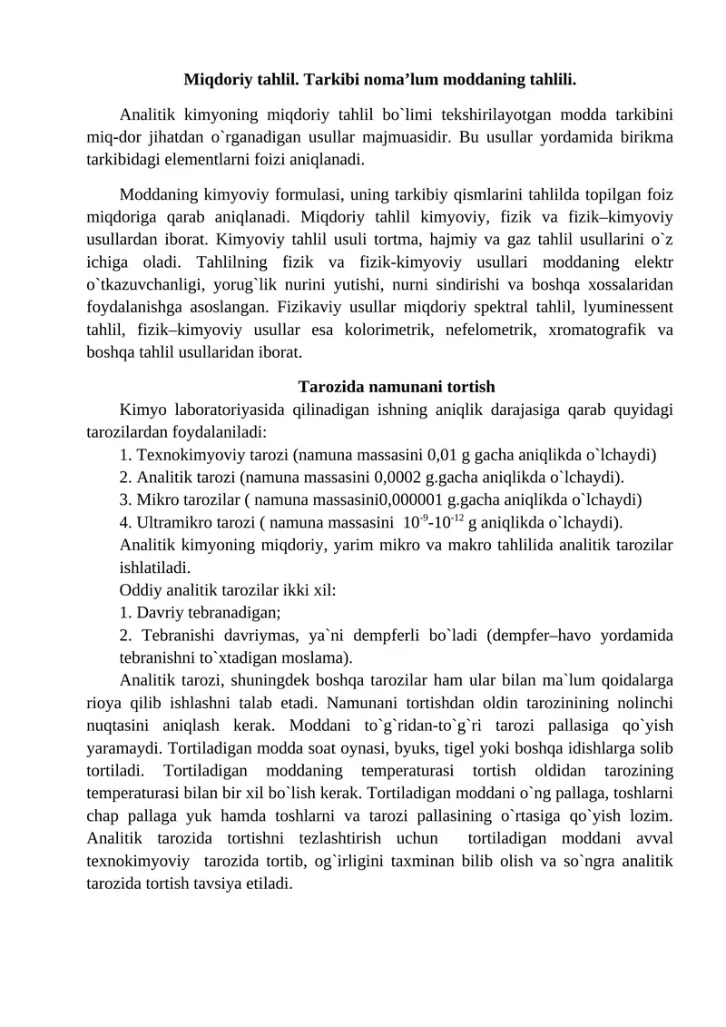 Analitik Kimyoning Miqdoriy Tahlil Bo`limi