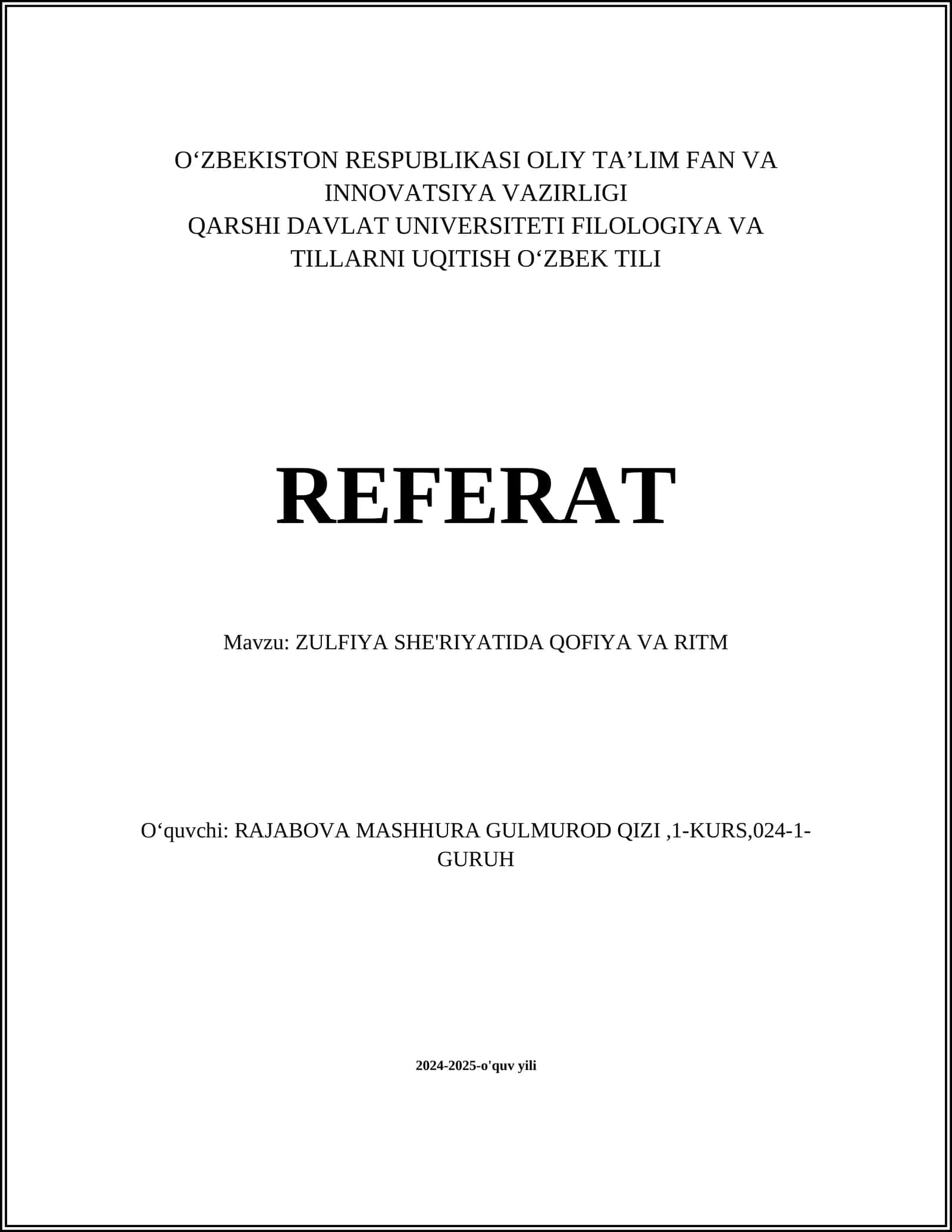 ZULFIYA SHE'RIYATIDA QOFIYA VA RITM