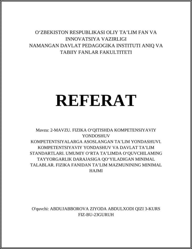 FIZIKA O‘QITISHDA KOMPETENSIYAVIY YONDOSHUV