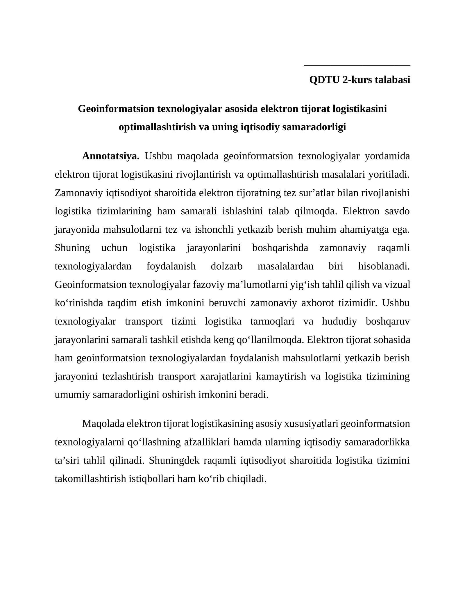 Geoinformatsion texnologiyalar asosida elektron tijorat logistikasini optimallashtirish va uning iqtisodiy samaradorligi
