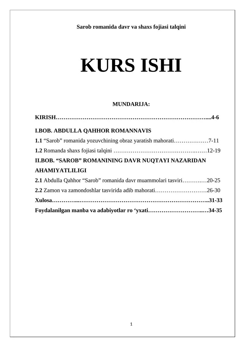 Sarob romanida davr va shaxs fojiasi talqini
