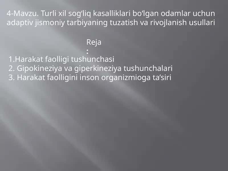 Turli xil sogʻliq kasalliklari boʻlgan odamlar uchun adaptiv jismoniy tarbiyaning tuzatish va rivojlanish usullari
