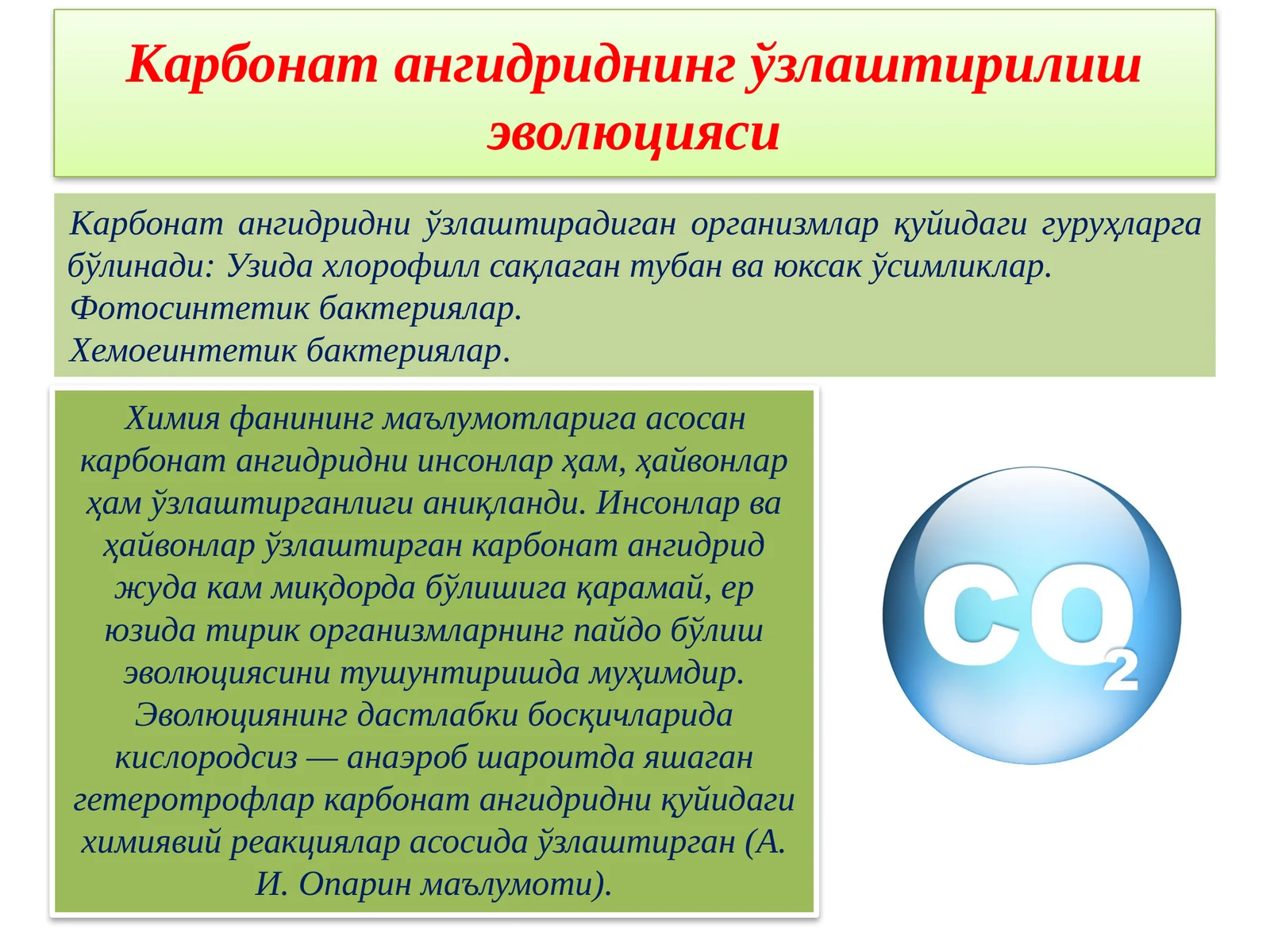 Карбонат ангидриднинг ўзлаштирилиш эволюцияси