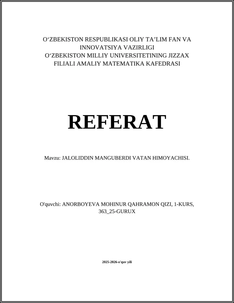 JALOLIDDIN MANGUBERDI VATAN HIMOYACHISI