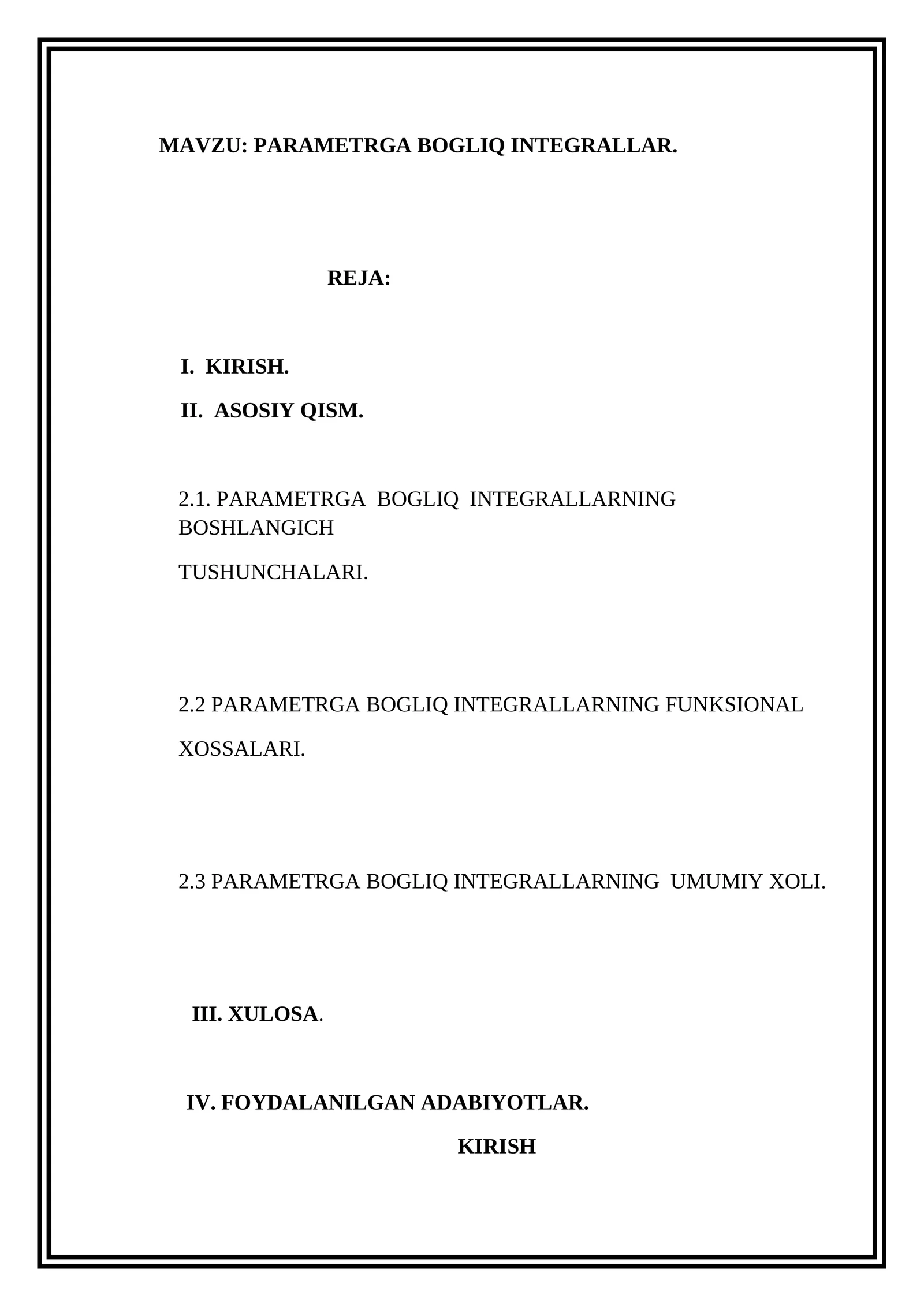 PARAMETRGA BOG’LIQ INTEGRALLAR