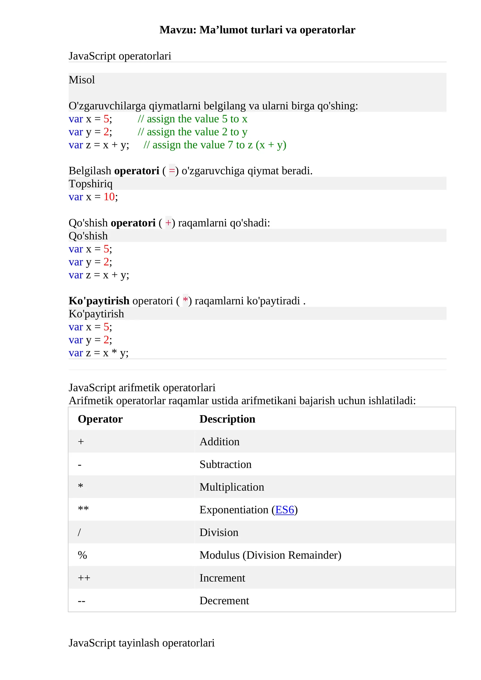 JavaScriptoperatorlari