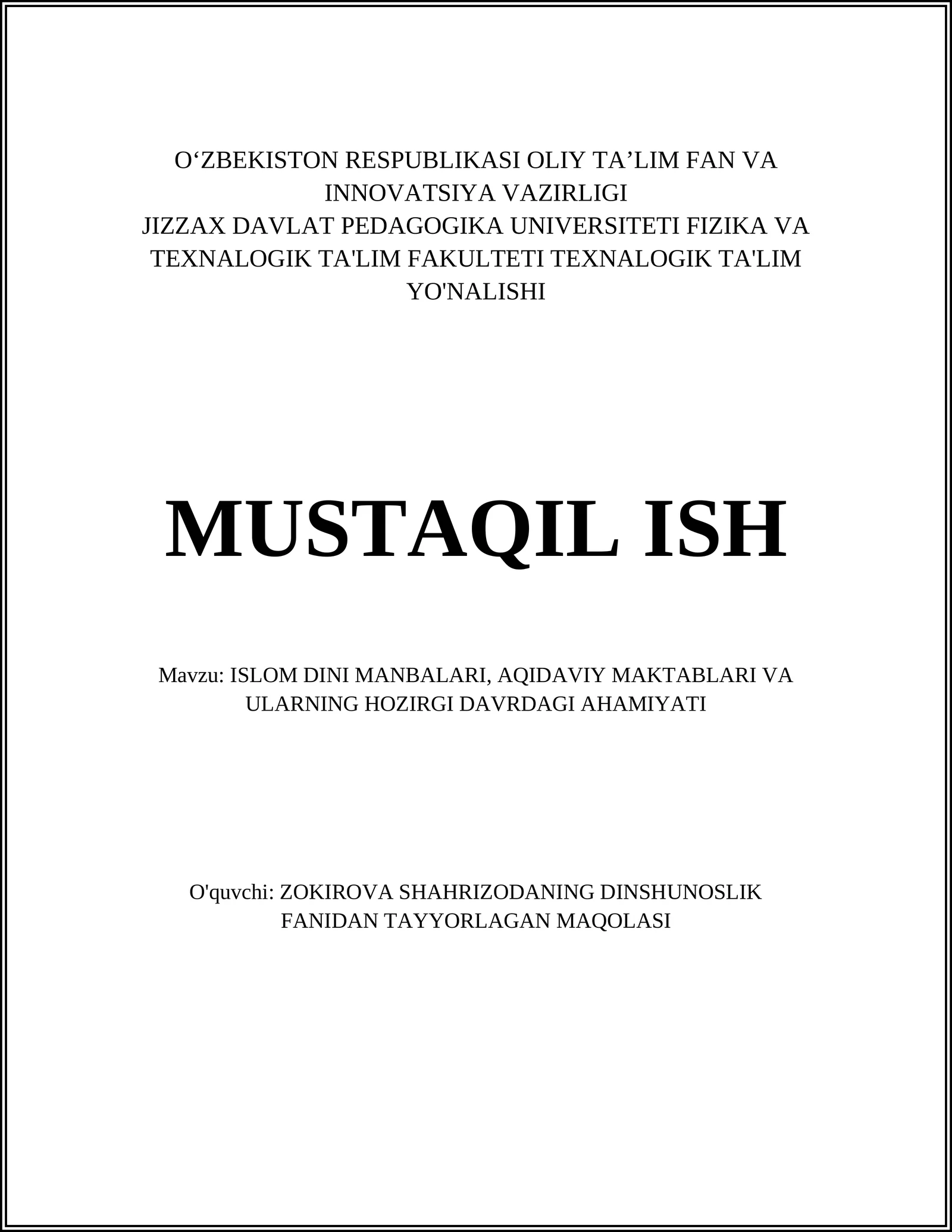 ISLOM DINI MANBALARI