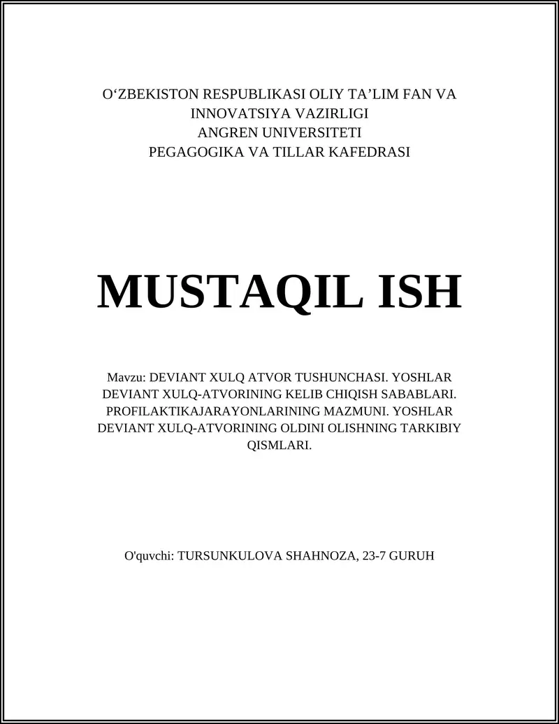 DEVIANT XULQ ATVOR TUSHUNCHASI