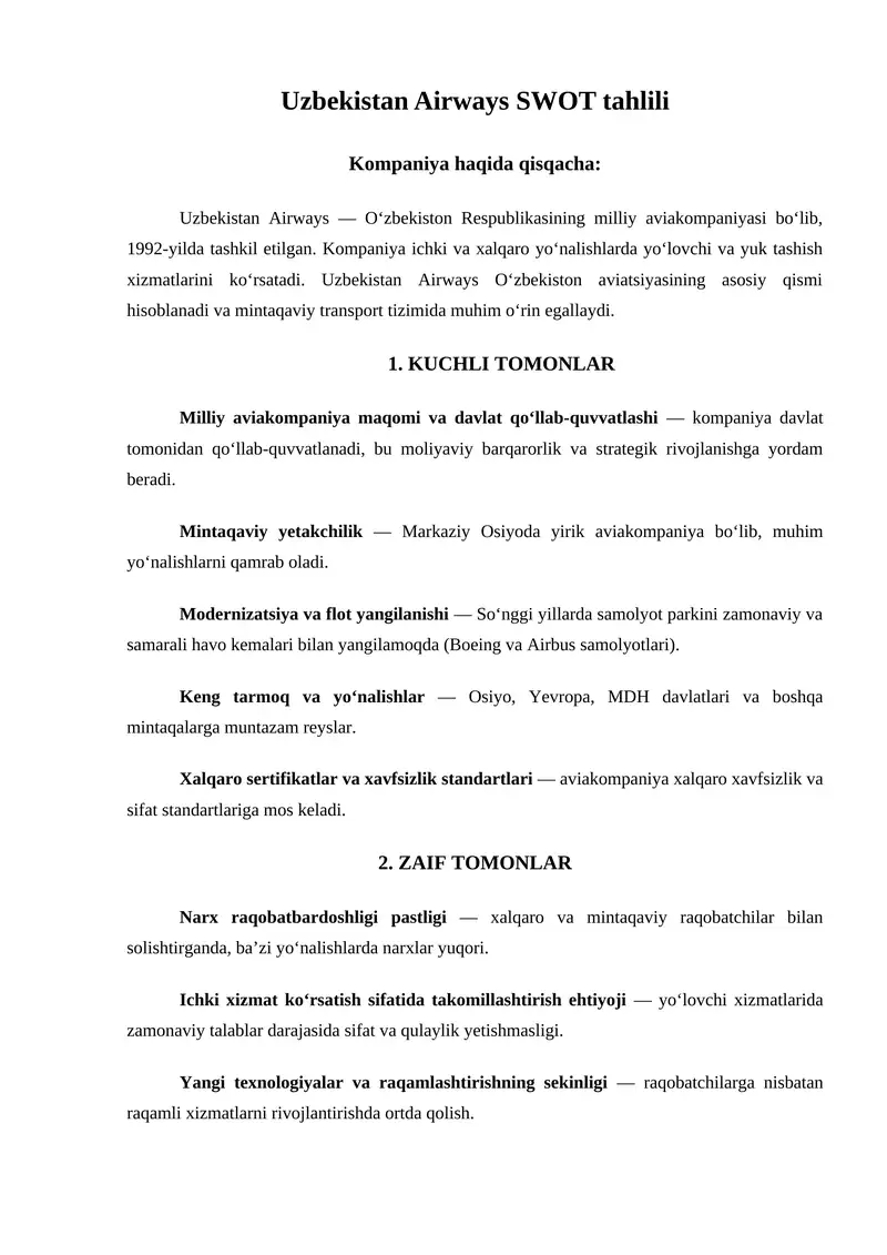 Uzbekistan Airways SWOT tahlili