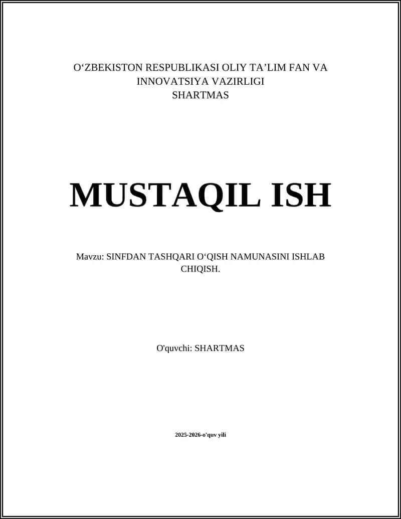 SINFDAN TASHQARI OʻQISH NAMUNASINI ISHLAB CHIQISH