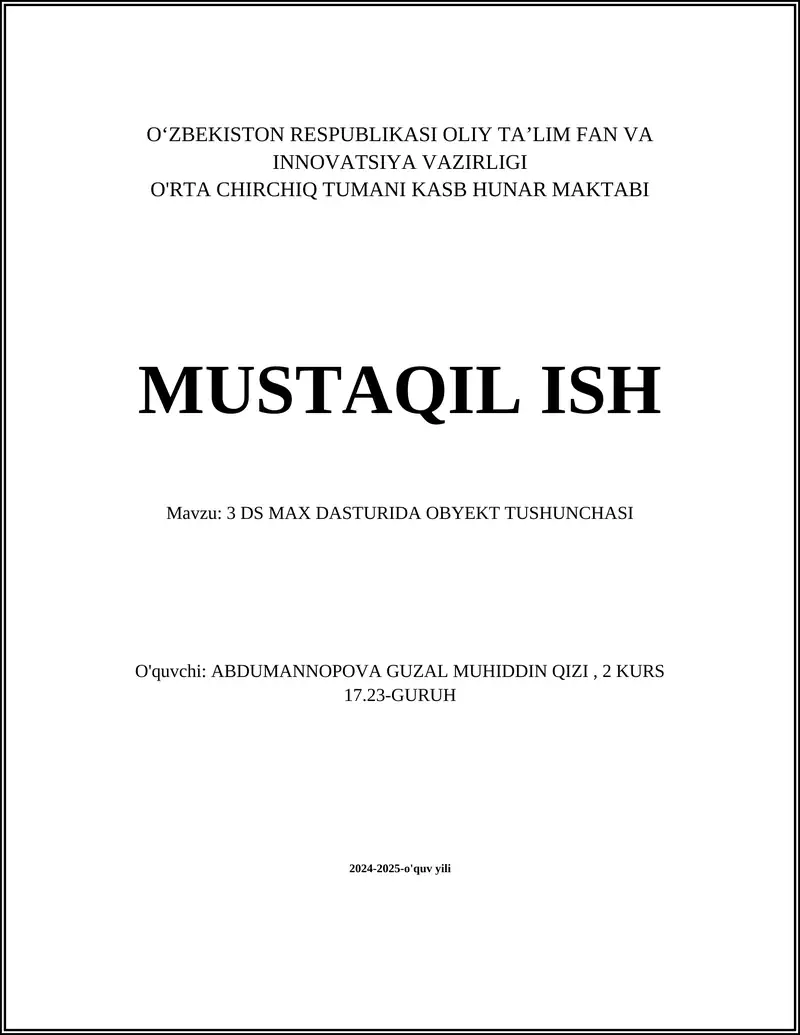 3 DS MAX DASTURIDA OBYEKT TUSHUNCHASI