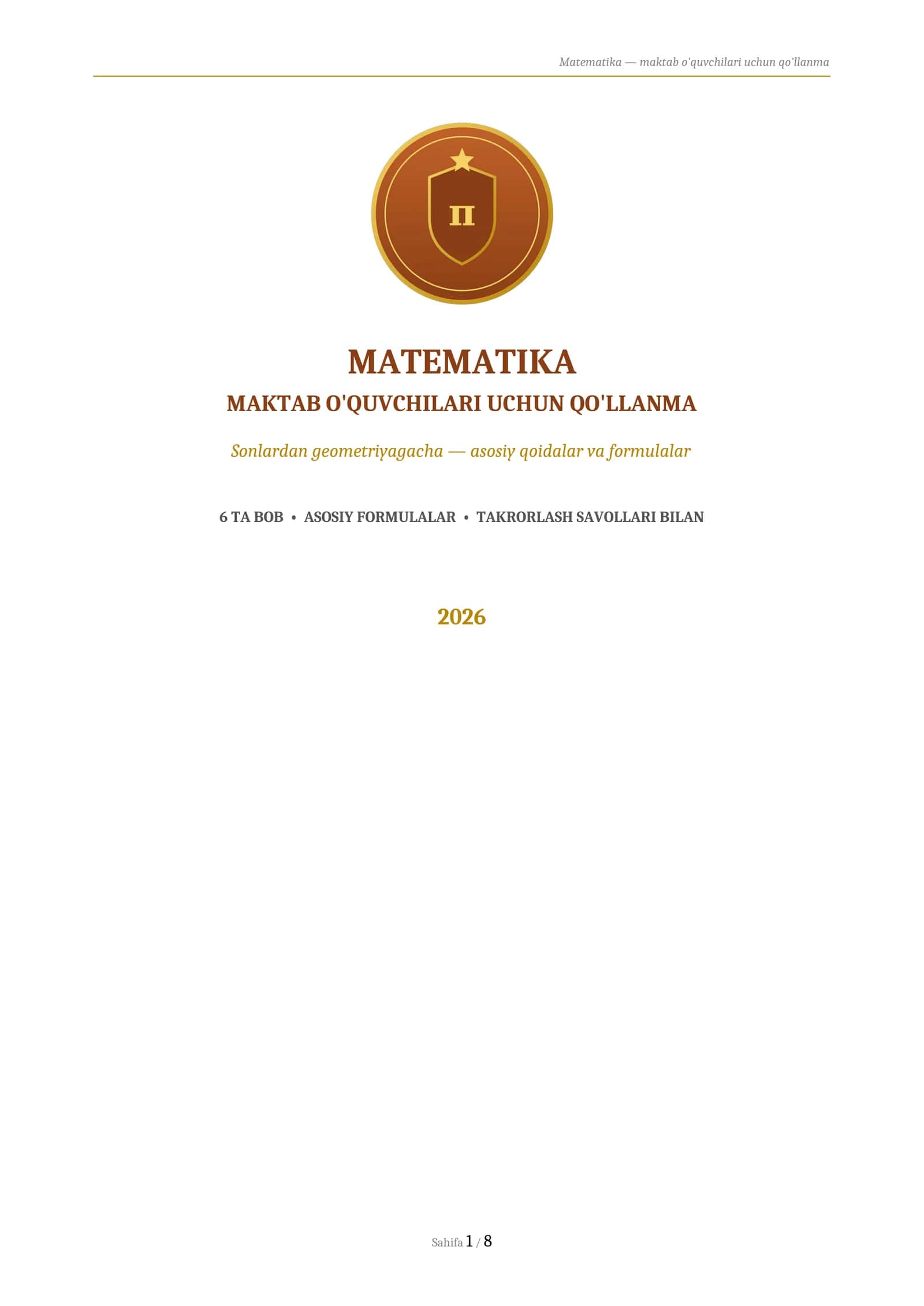 MATEMATIKA
MAKTAB O'QUVCHILARI UCHUN QO'LLANMA