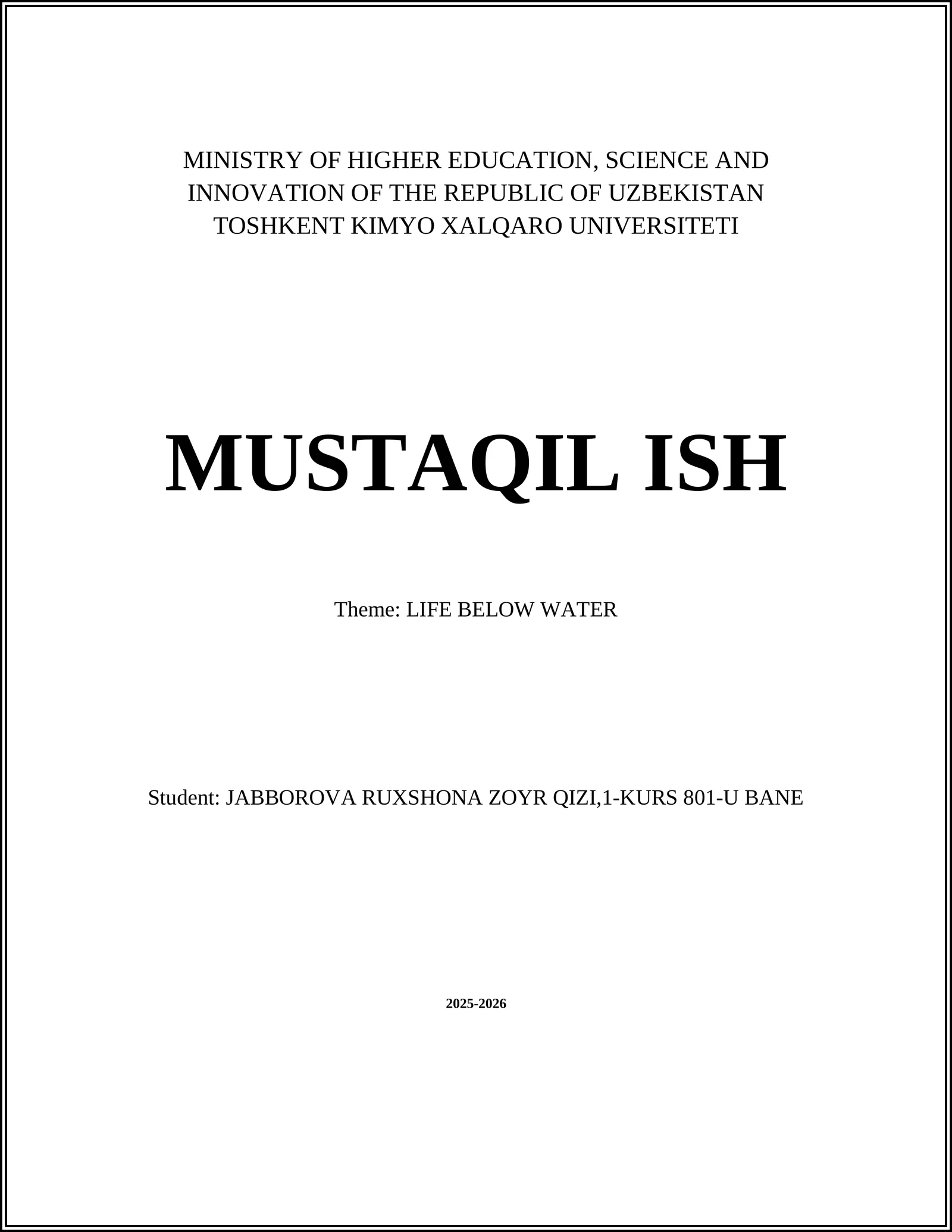 TOSHKENT KIMYO XALQARO UNIVERSITETI MUSTAQIL ISH