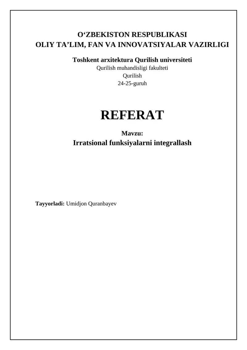 Irratsional funksiyalarni integrallash usullari