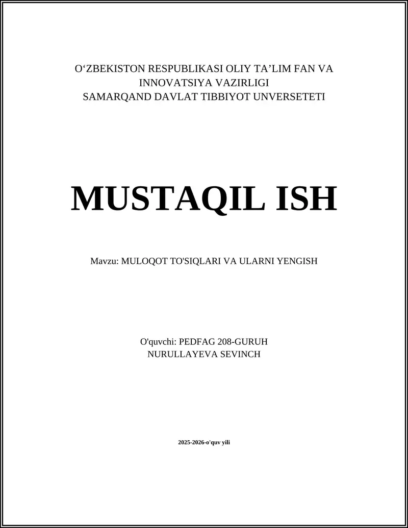 MULOQOT TO'SIQLARI VA ULARNI YENGISH