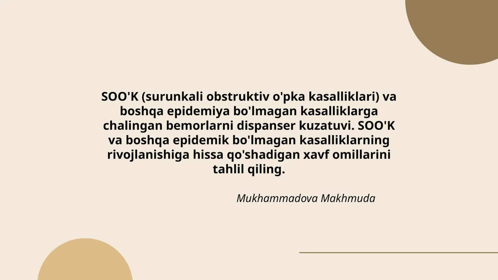 SOO'K va boshqa epidemiya bo'lmagan kasalliklarga chalingan bemorlarni dispanser kuzatuvi