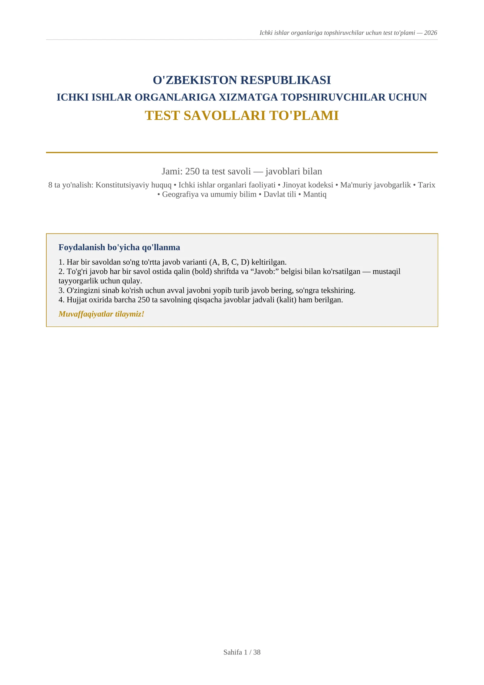 Ichki ishlar test yangi javoblari bilan