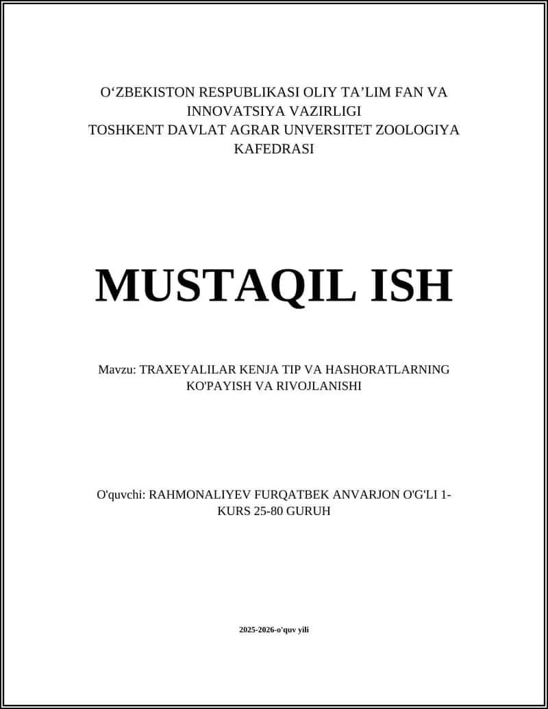 TRAXEYALILAR KENJA TIP VA HASHORATLARNING KO'PAYISH VA RIVOJLANISHI