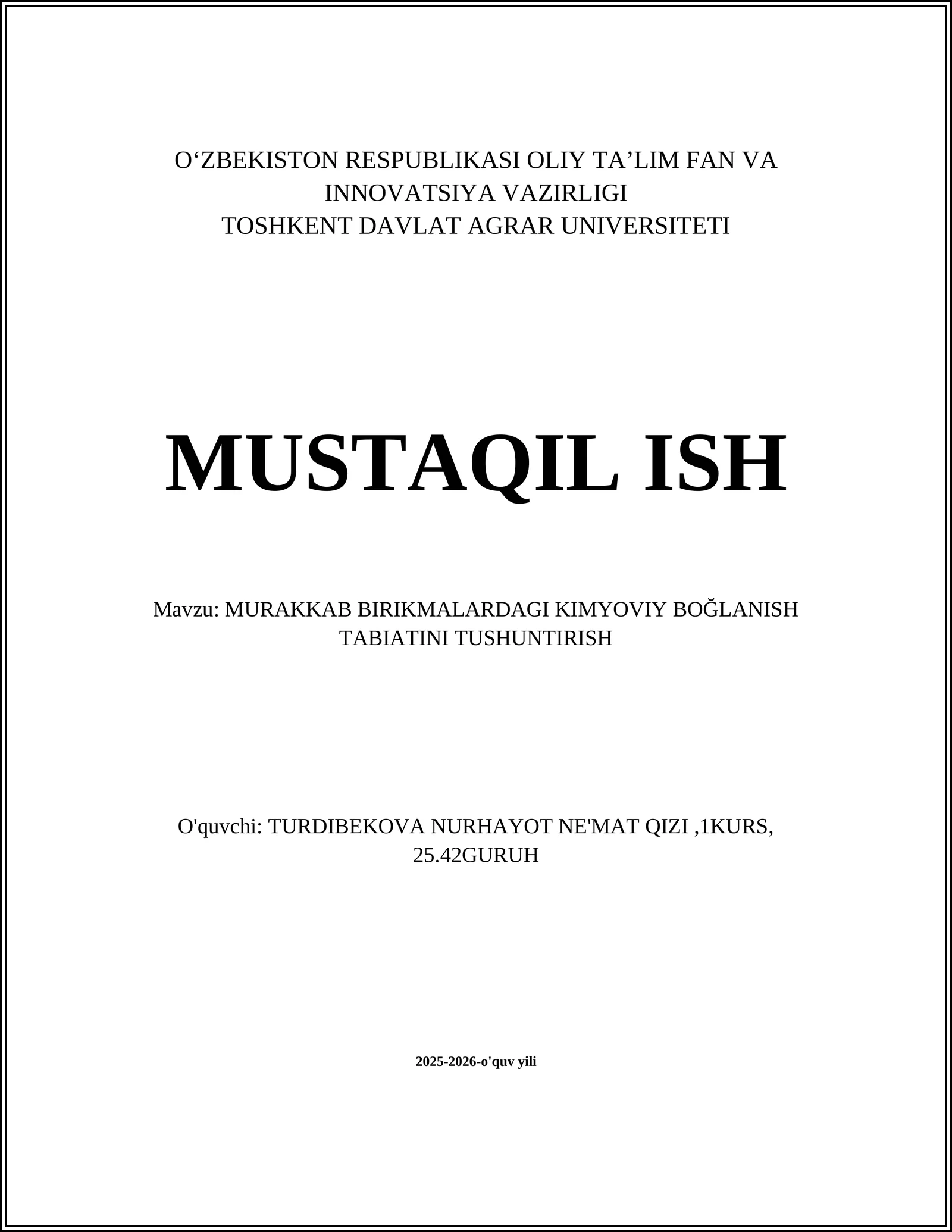 MURAKKAB BIRIKMALARDAGI KIMYOVIY BOĞLANISH TABIATINI TUSHUNTIRISH