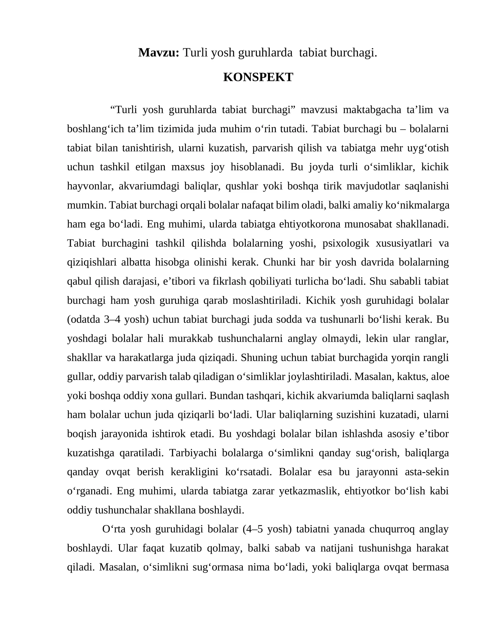 Turli yosh guruhlarda tabiat burchagi
