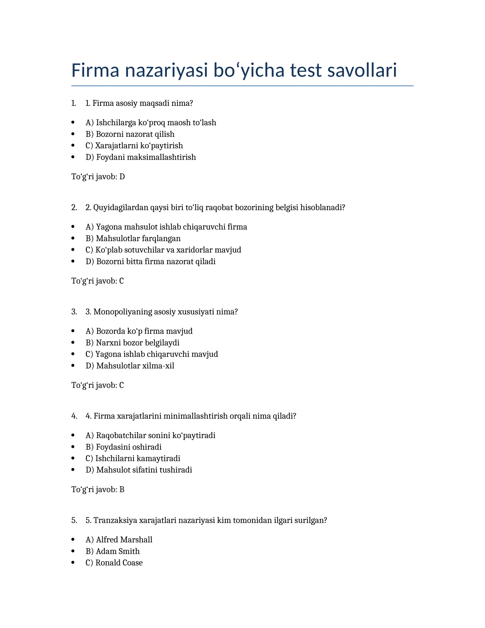 Firma nazariyasi bo‘yicha test savollari