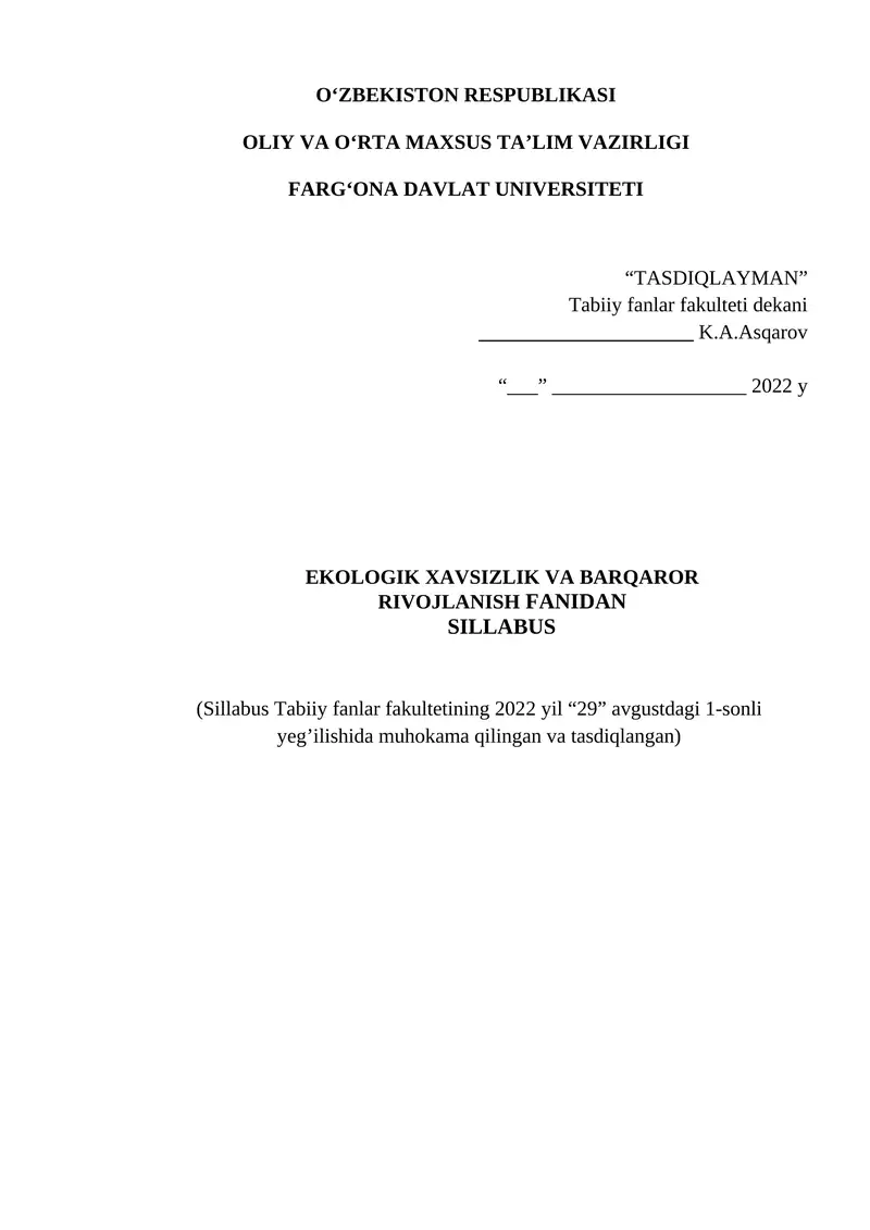 Ekologik havfsizlik va barqaror rivojlanish