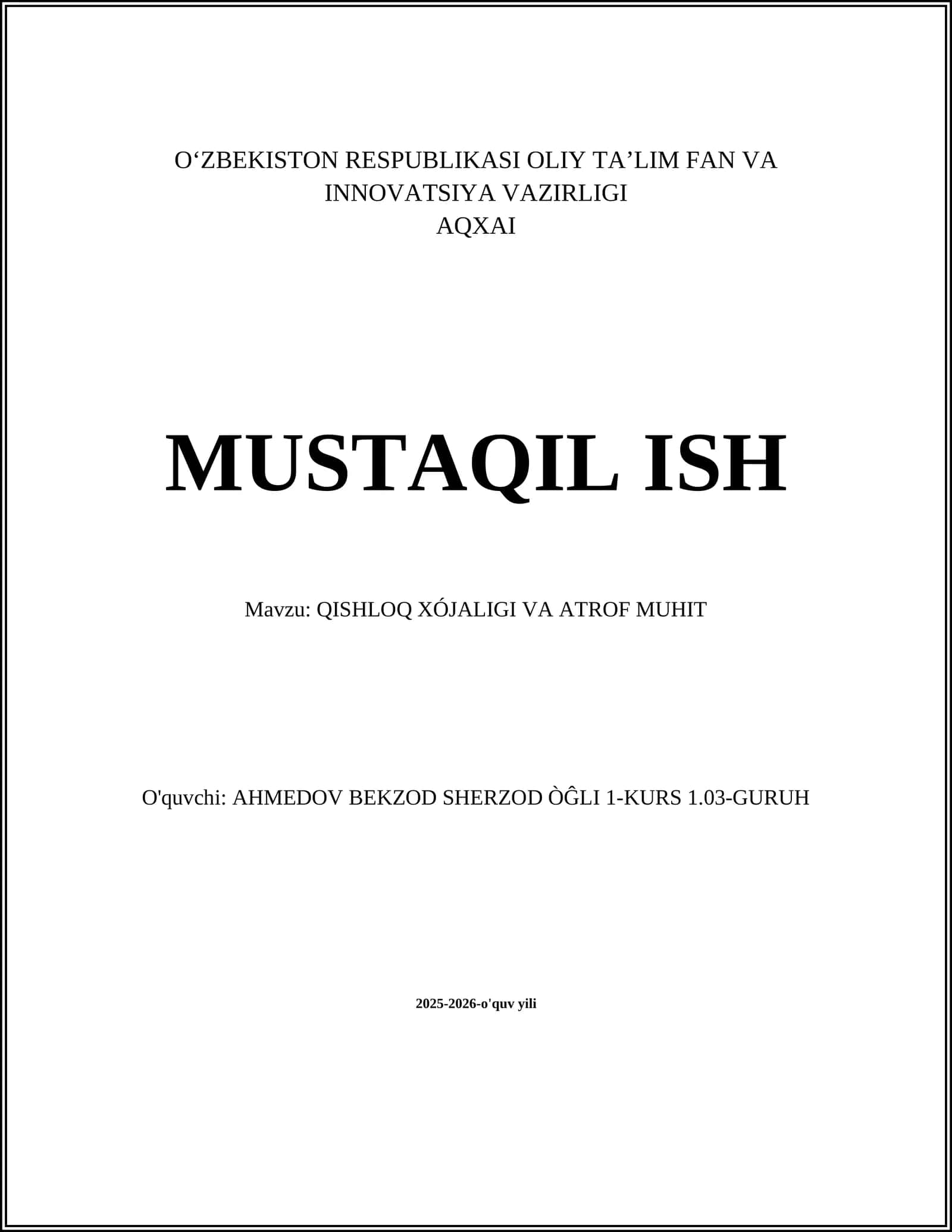 QISHLOQ XÓJALIGI VA ATROF MUHIT
