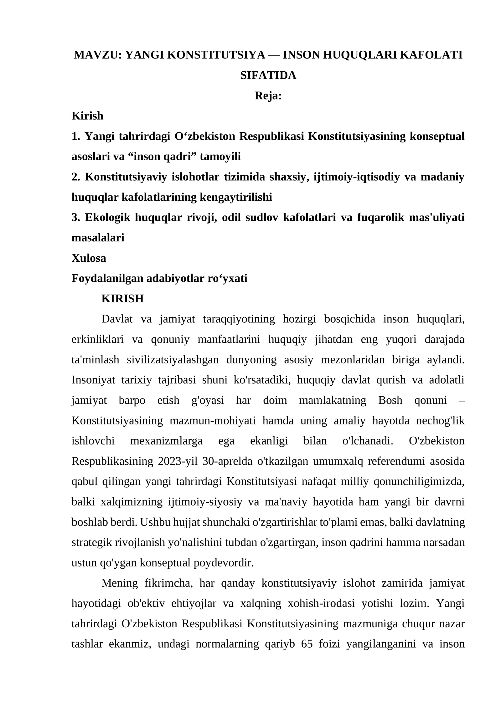 YANGI KONSTITUTSIYA — INSON HUQUQLARI KAFOLATI SIFATIDA
