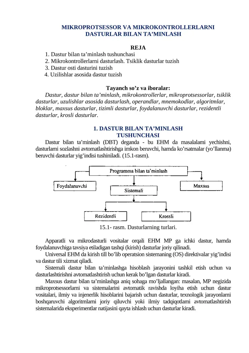 MIKROPROTSESSOR VA MIKROKONTROLLERLARNI DASTURLAR BILAN TA’MINLASH