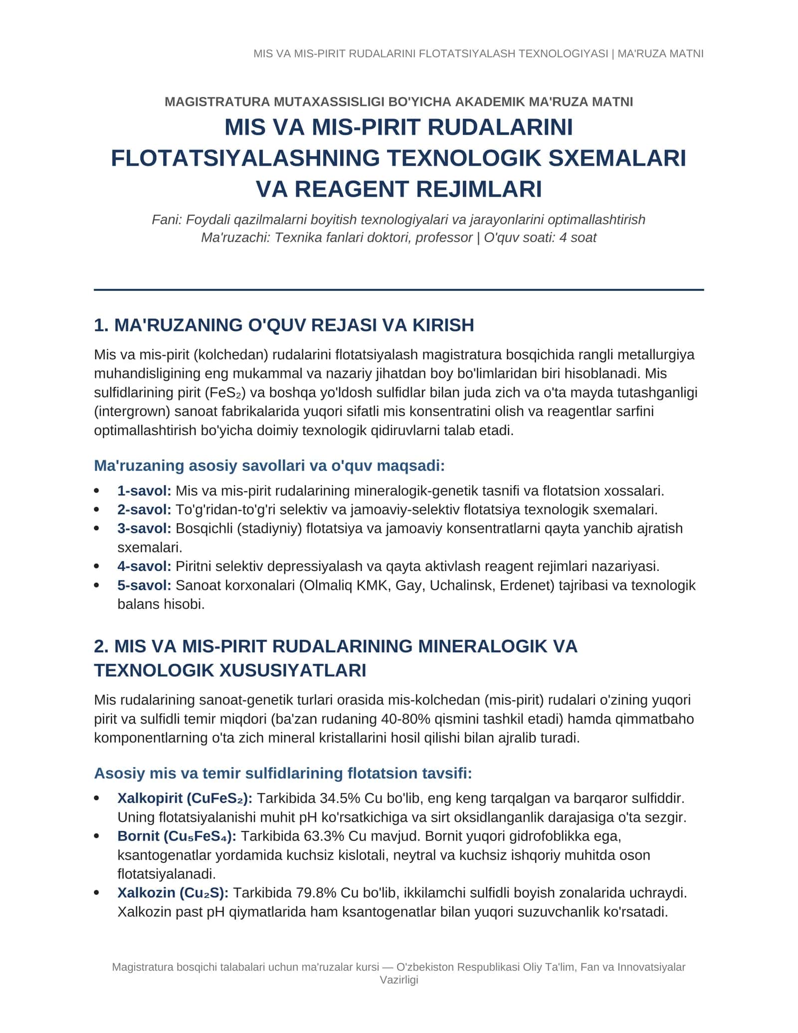 MIS VA MIS-PIRIT RUDALARINI FLOTATSIYALASH TEXNOLOGIYASI