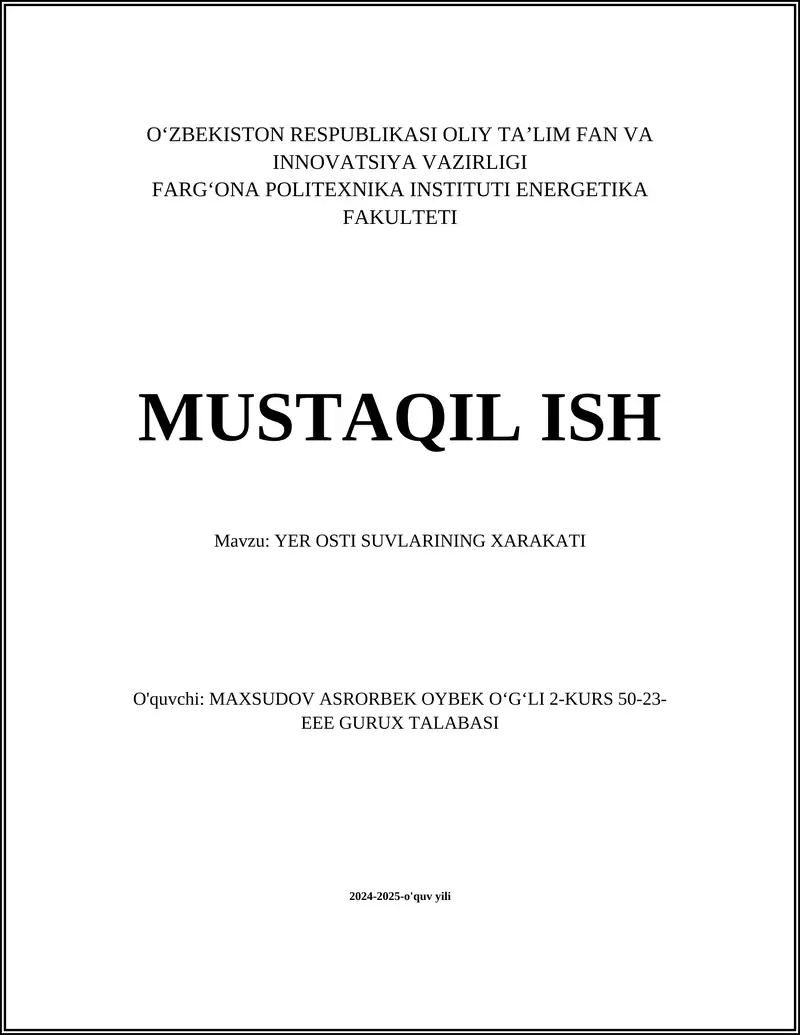 Yer osti suvlarining Xarakati