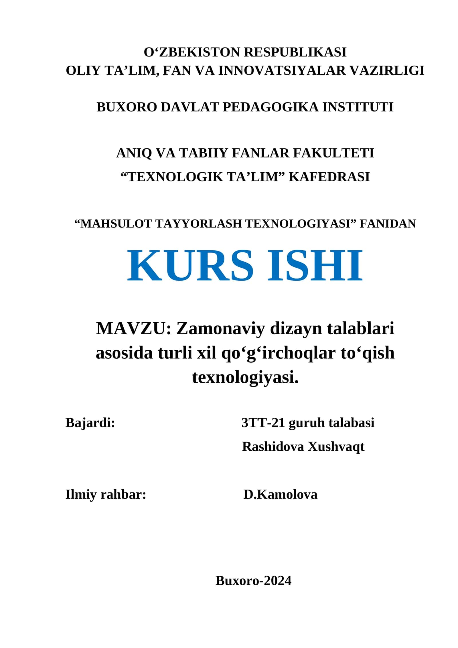 Zamonaviy dizayn talablari asosida turli xil qo‘g‘irchoqlar to‘qish texnologiyasi