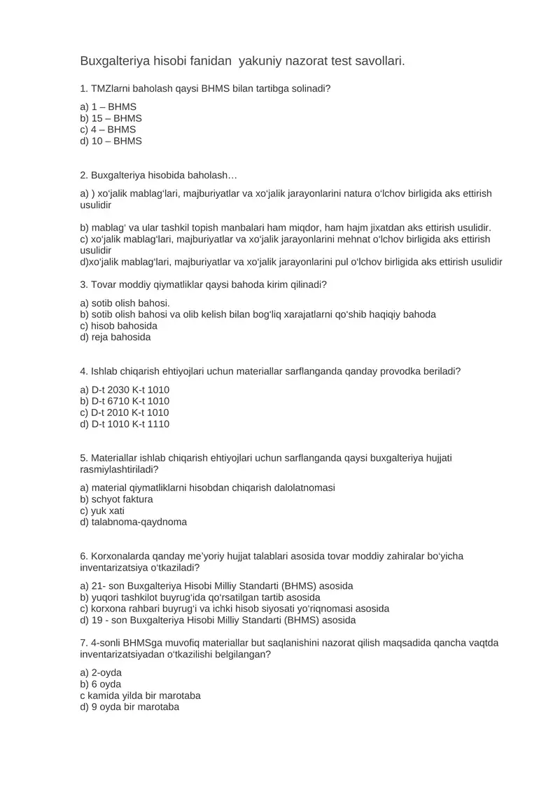 Buxgalteriya hisobi fanidan yakuniy nazorat test savollari.