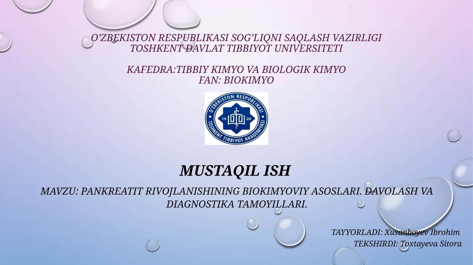 PANKREATIT RIVOJLANISHINING BIOKIMYOVIY ASOSLARI