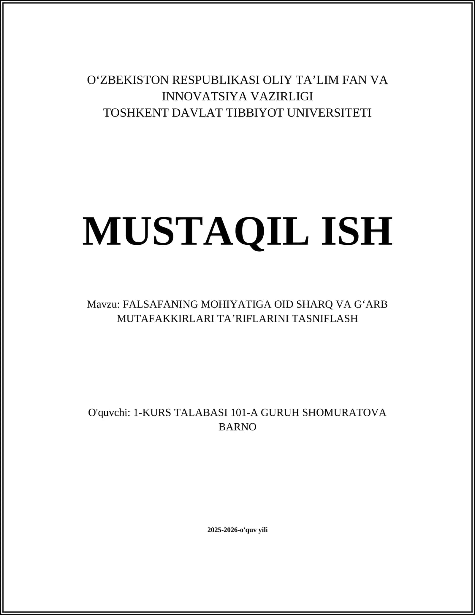 FALSAFANING MOHIYATIGA OID SHARQ VA GʻARB MUTAFAKKIRLARI TAʼRIFLARINI TASNIFLASH