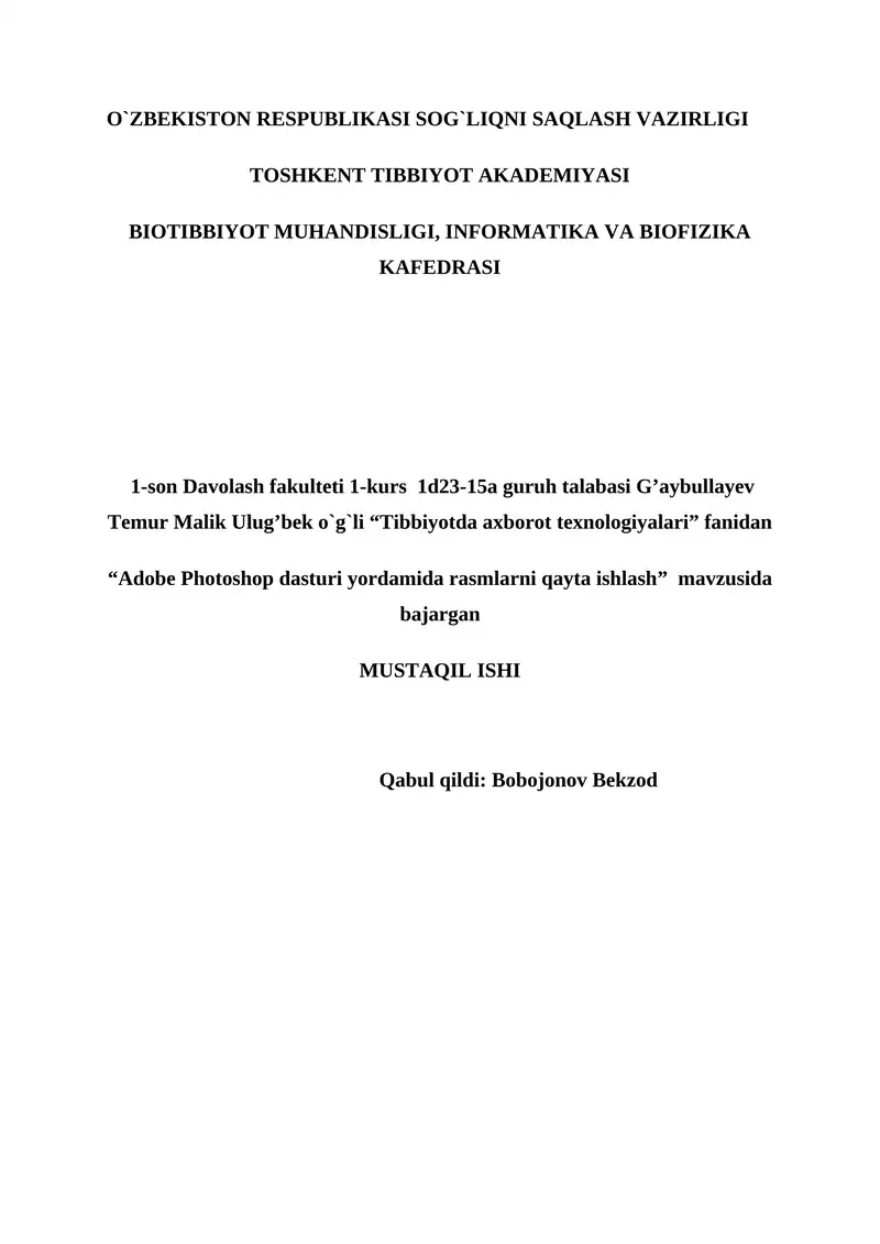 "Adobe Photoshop dasturi yordamida rasmlarni qayta ishlash"