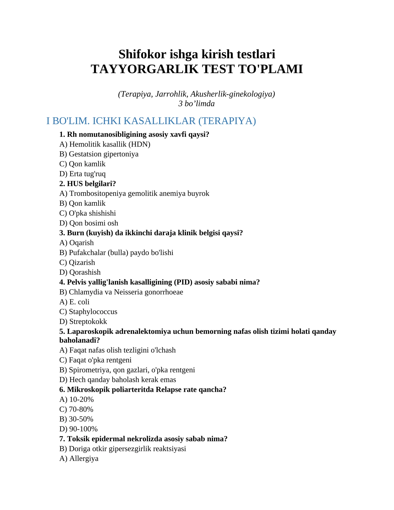 Shifokor ishga kirish testlari