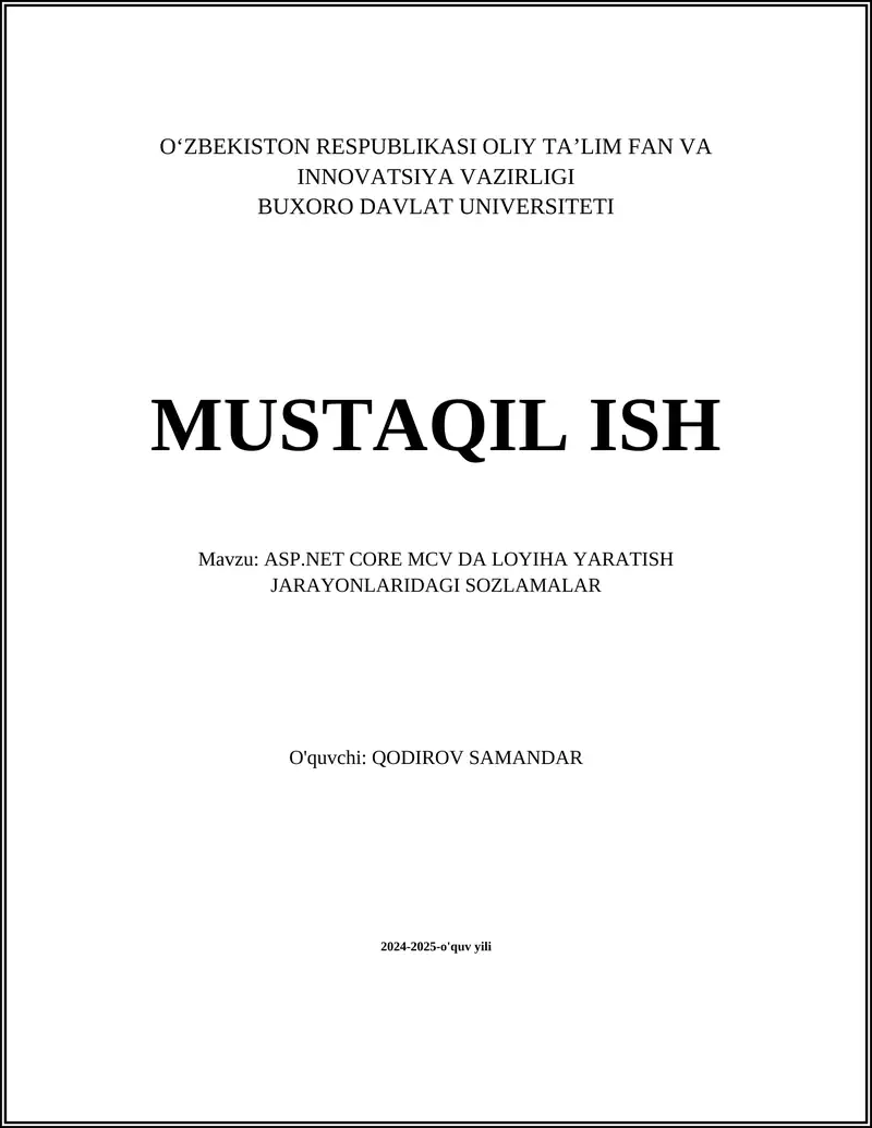 ASP.NET CORE MCV DA LOYIHA YARATISH JARAYONLARIDAGI SOZLAMALAR