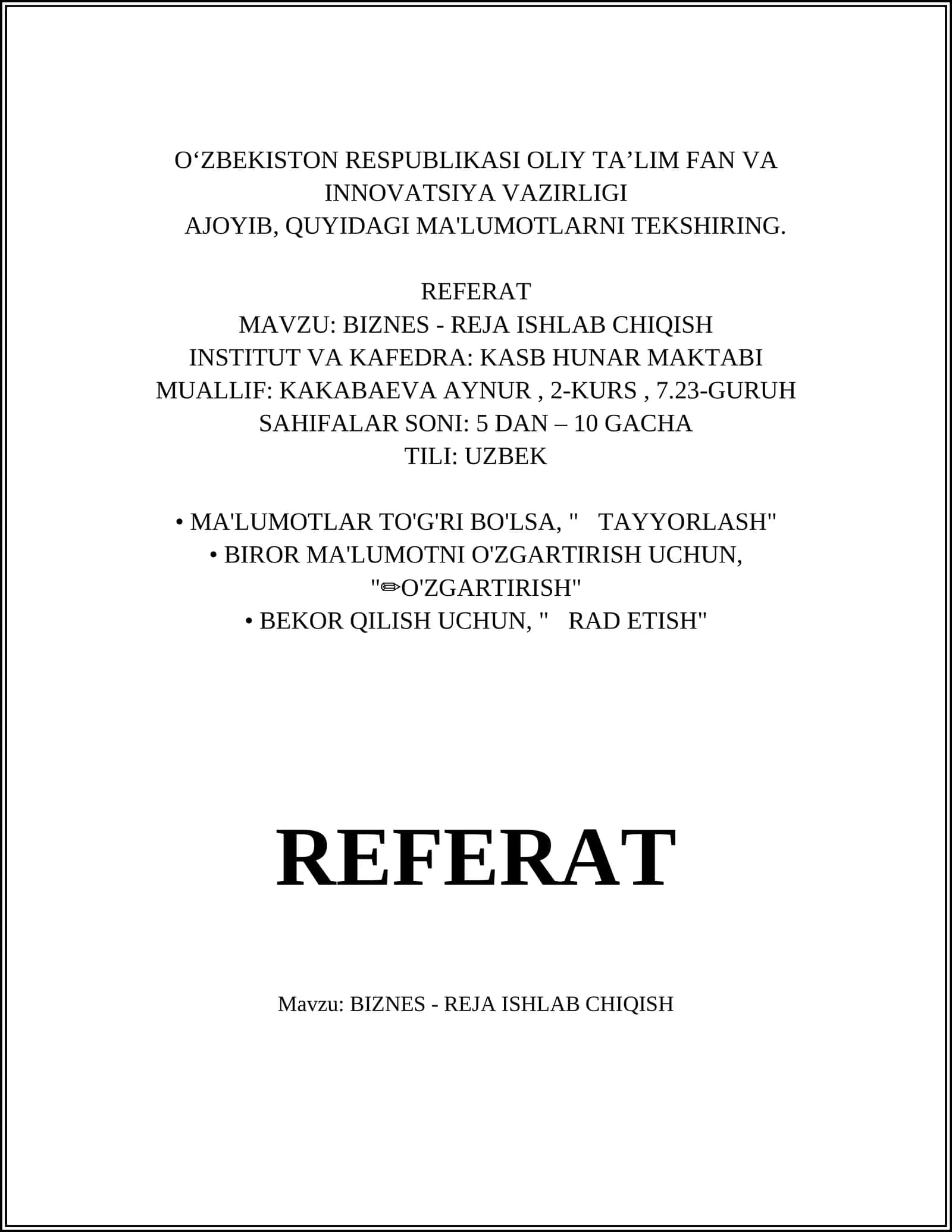 BIZNES - REJA ISHLAB CHIQISH