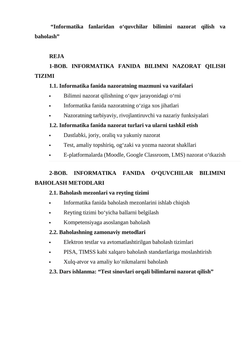 Informatika fanlaridan o‘quvchilar bilimini nazorat qilish va baholash