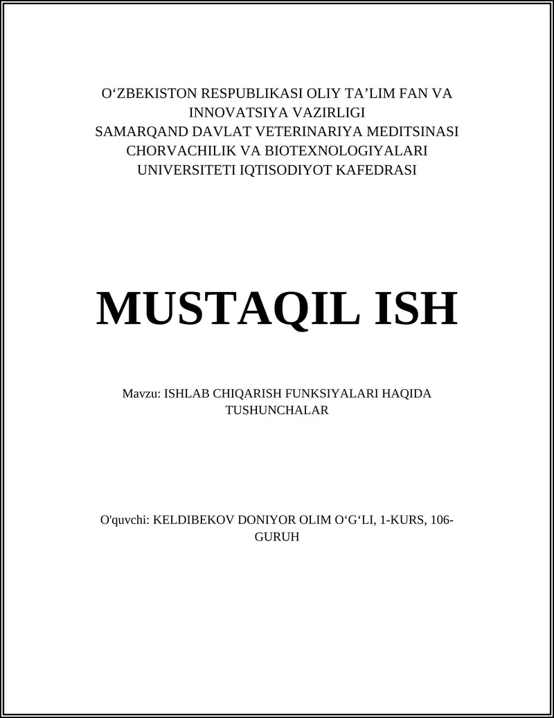 ISHLAB CHIQARISH FUNKSIYALARI HAQIDA TUSHUNCHALAR