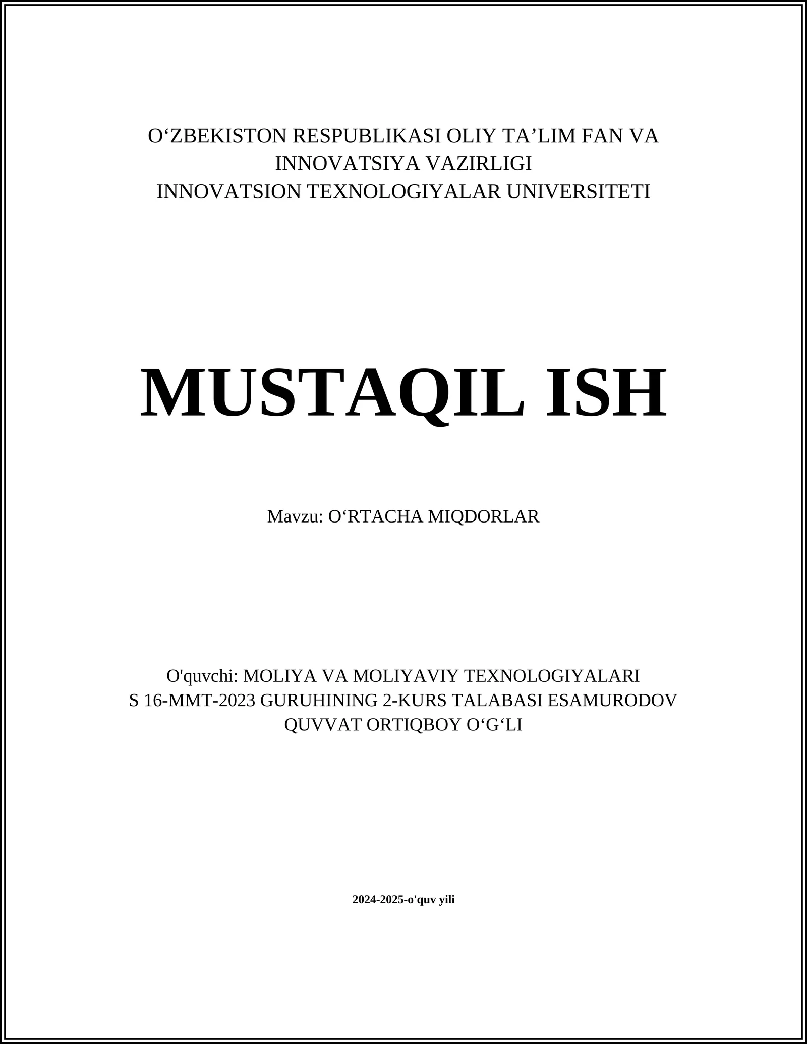OʻRTACHA MIQDORLAR