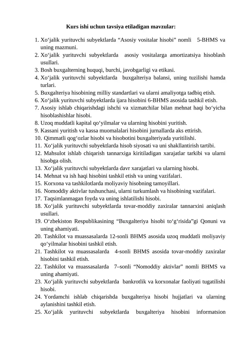 Xoʻjalik yurituvchi subyektlarda “Asosiy vositalar hisobi” nomli 5-BHMS va uning mazmuni